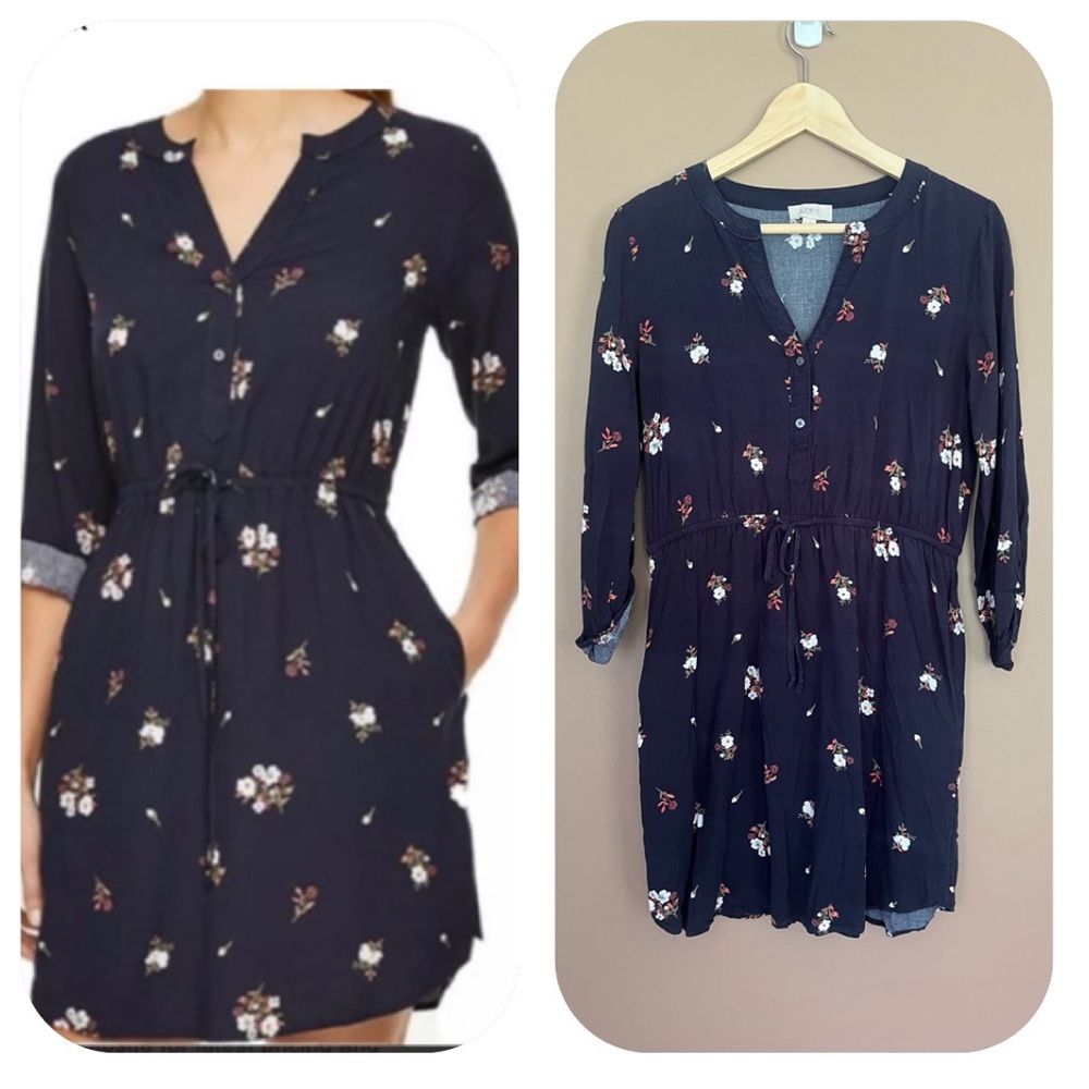{LOFT} Floral Roll-Tab Sleeve Shirt Dress in Navy - Womens Small